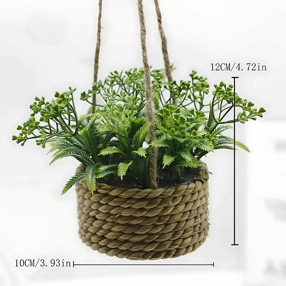 Leafara hengende kunstig plante i vevd kurv