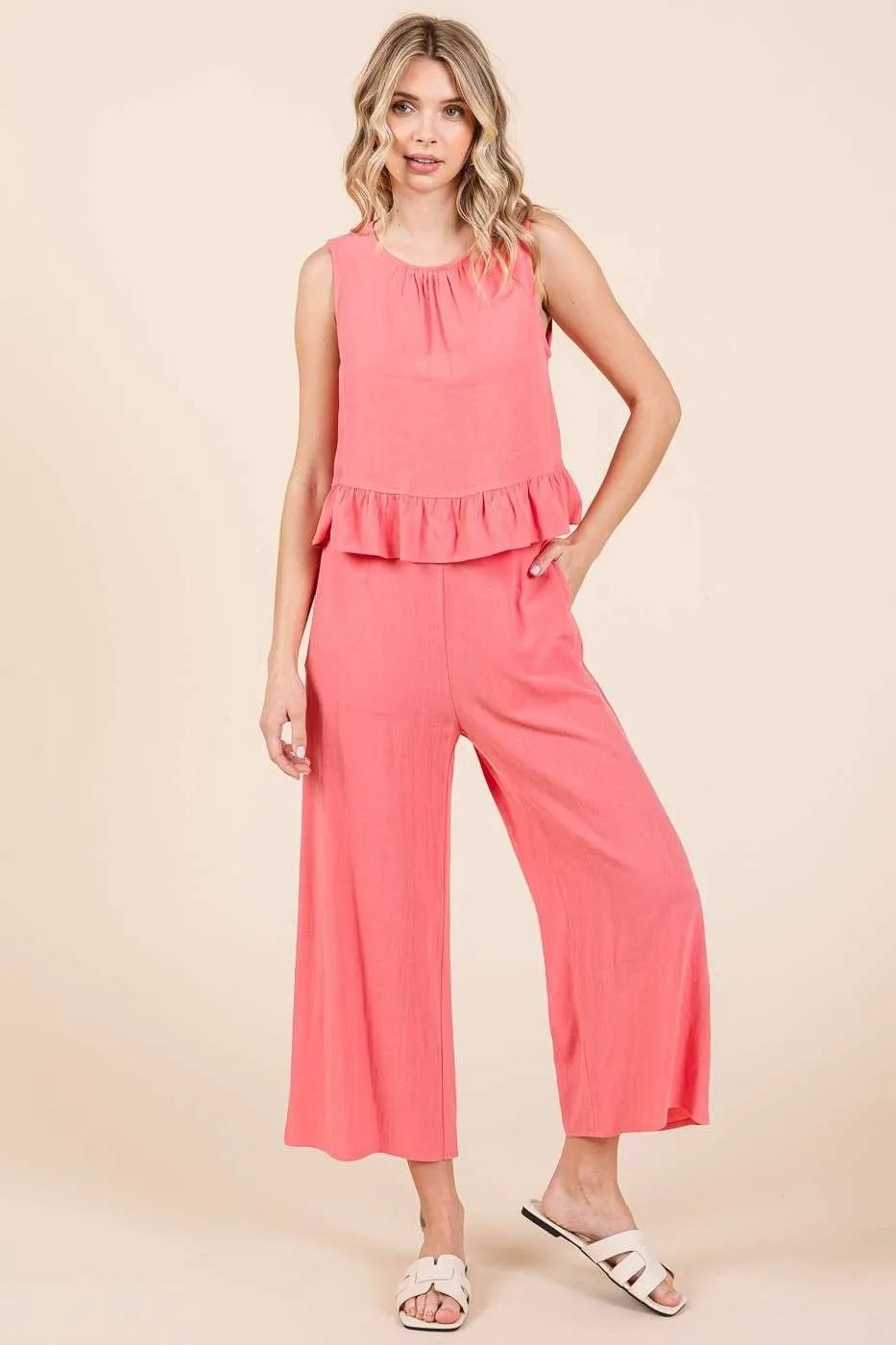 Matchende Sett Dame Ruffle Tank Top og Vide Bukser - NordHjem