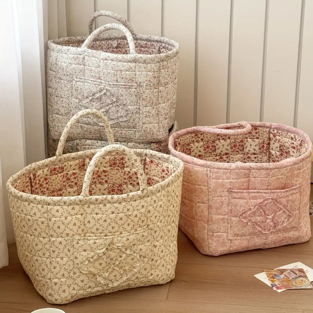 Quiltet oppbevaringskurv med blandede blomster – Pastel Meadow