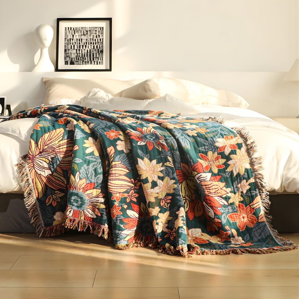 Moderne bomullspledd med blomster og dusker – 59"x79"
