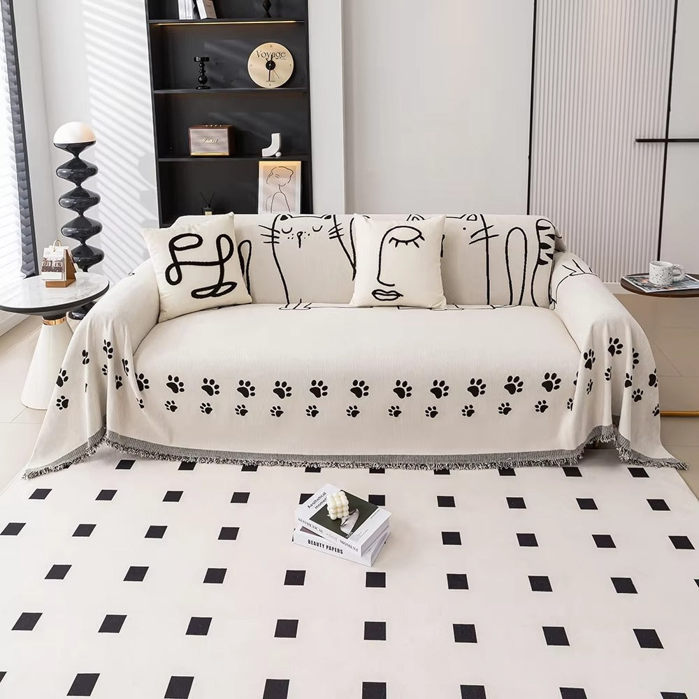 Nordisk chenille-sofatrekk med katteposer – 71"x71"