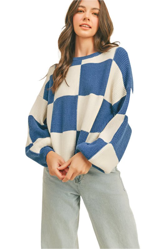 Oversized Pullover med Ruter for Damer i Kobalt - NordHjem