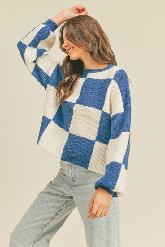 Oversized Pullover med Ruter for Damer i Kobalt - NordHjem