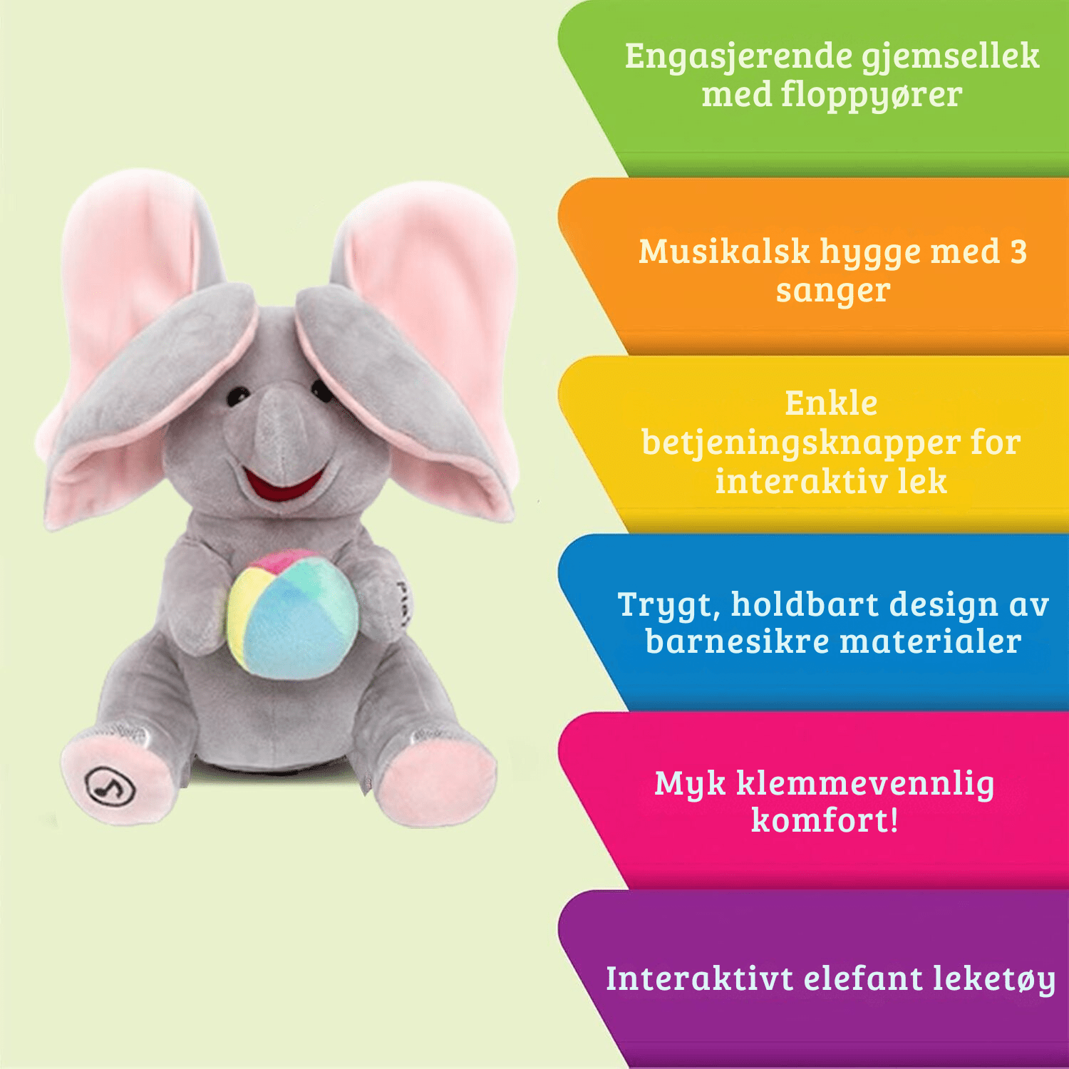 PeekPal Plysj Elefant – Interaktivt musikalsk leketøy - NordHjem