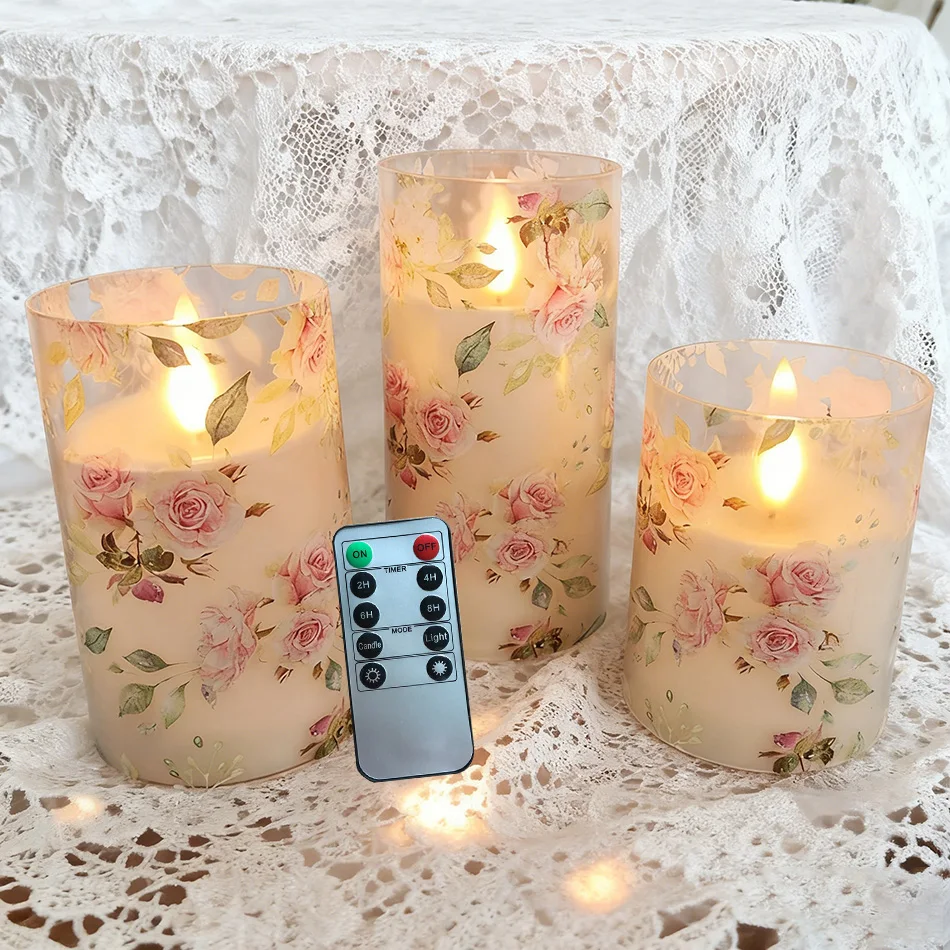 Ledsen™ FloralCandle: Koselig Elegant Glød Delikat Blomstertrykk LED Stearinlys Sett