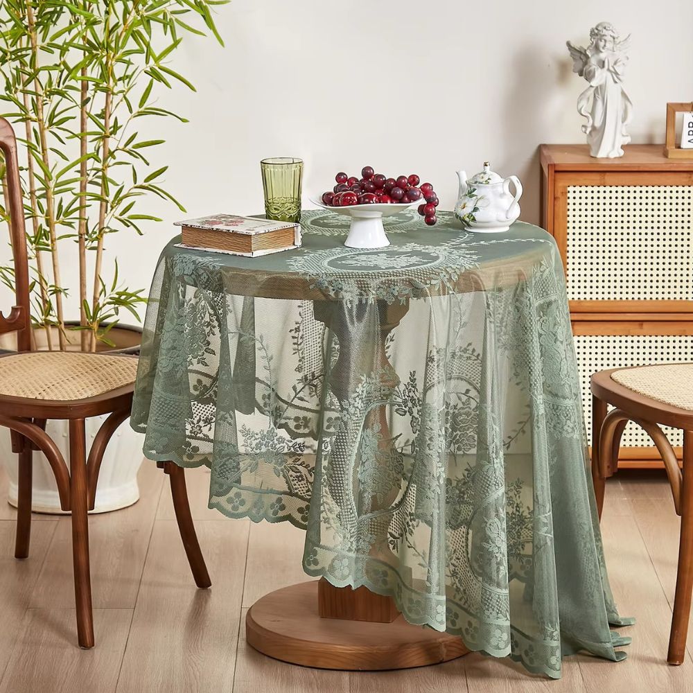 Rund duk i blonde med blomstermotiv – Olivengrønn