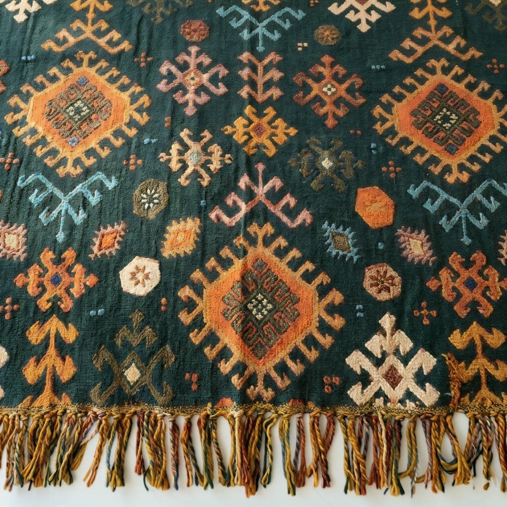 Tribal-inspirert mykt geometrisk bomullspledd med frynser