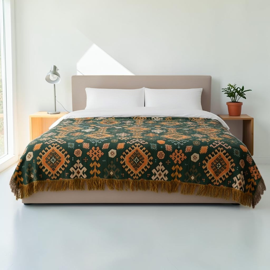 Tribal-inspirert mykt geometrisk bomullspledd med frynser