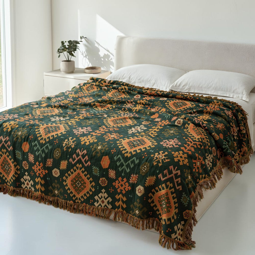 Tribal-inspirert mykt geometrisk bomullspledd med frynser