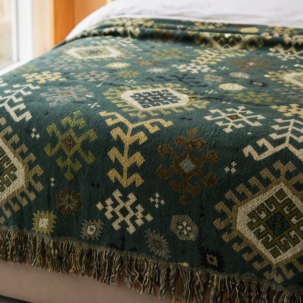Tribal-inspirert mykt geometrisk bomullspledd med frynser