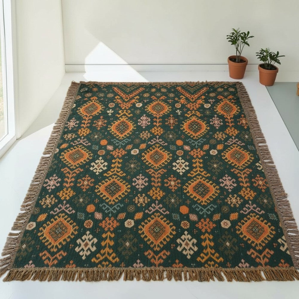 Tribal-inspirert mykt geometrisk bomullspledd med frynser