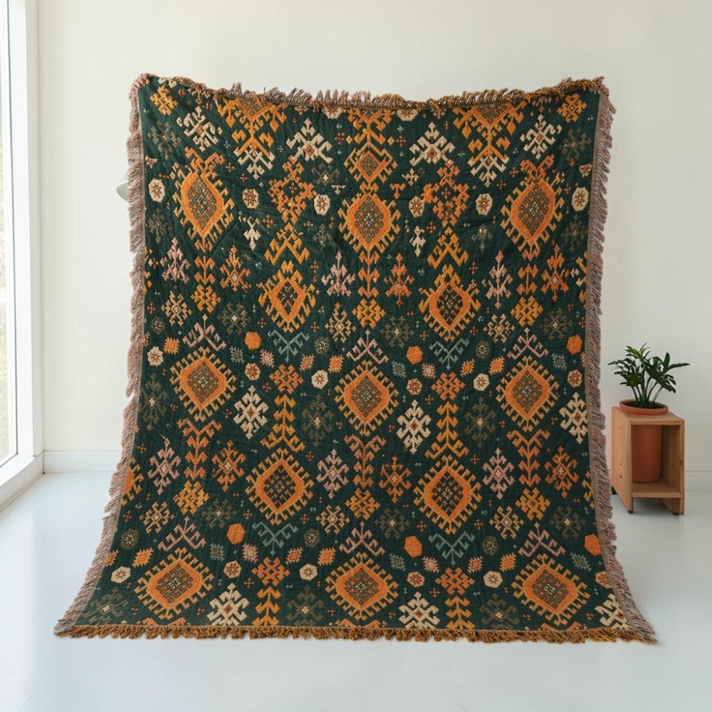 Tribal-inspirert mykt geometrisk bomullspledd med frynser