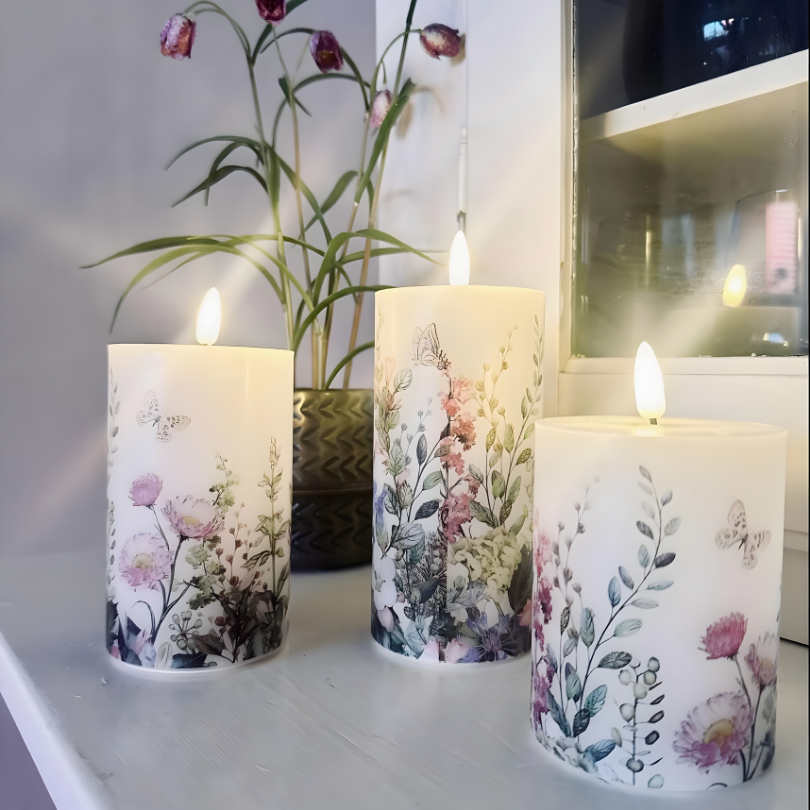 Ledsen™ FloralCandle: Koselig Elegant Glød Delikat Blomstertrykk LED Stearinlys Sett