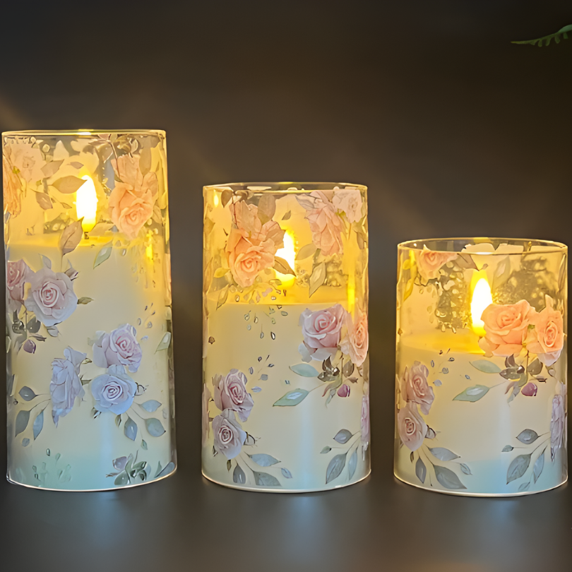 Ledsen™ FloralCandle: Koselig Elegant Glød Delikat Blomstertrykk LED Stearinlys Sett
