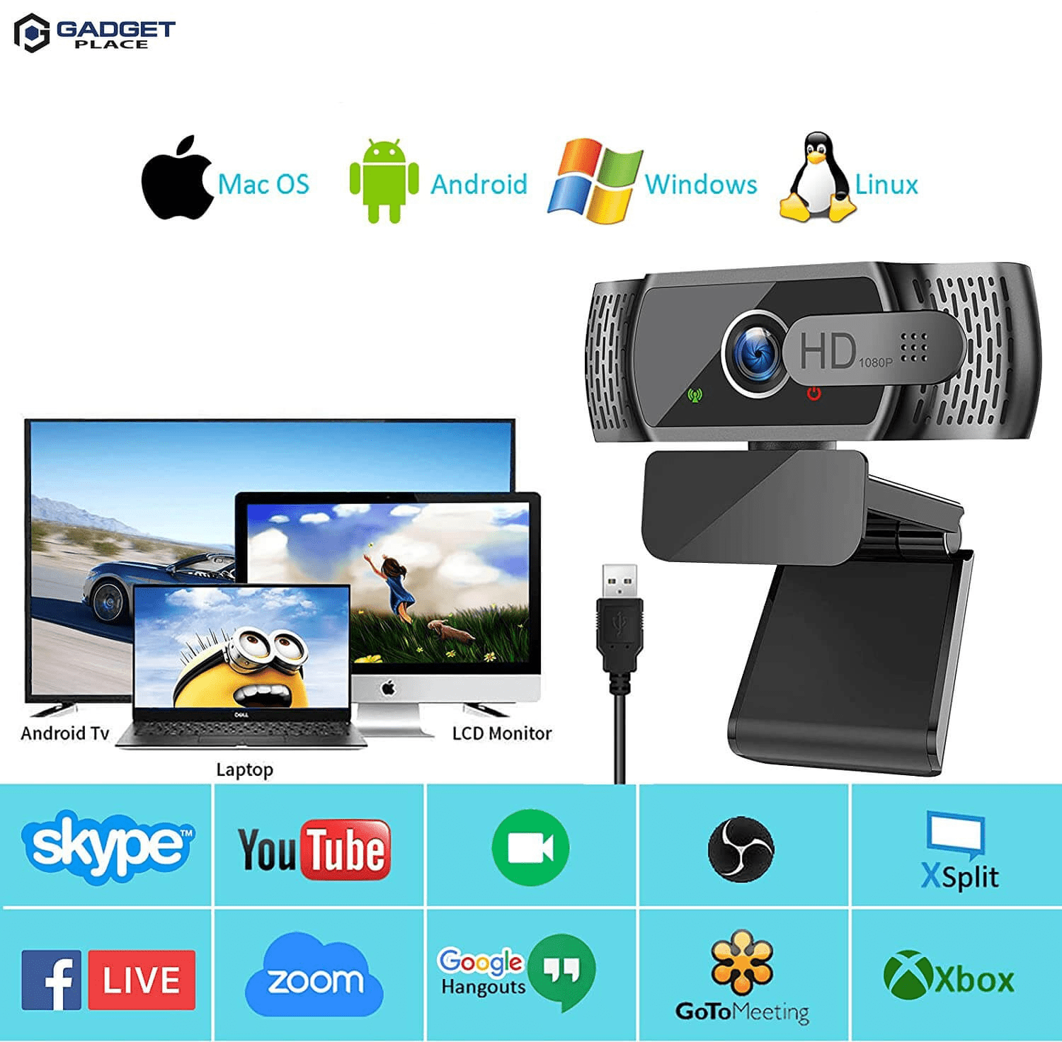 Gadgetplace Full HD 1080P Webkamera – Plug & Play, Innebygd Støyreduserende Mikrofon, 90° Vidvinkel - NordHjem