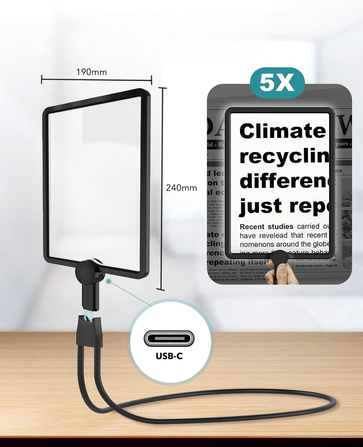 Håndfri Forstørrelsesglass med LED - lys – 5X Forstørrelse, Fleksibel Holder & USB - oppladbar - NordHjem