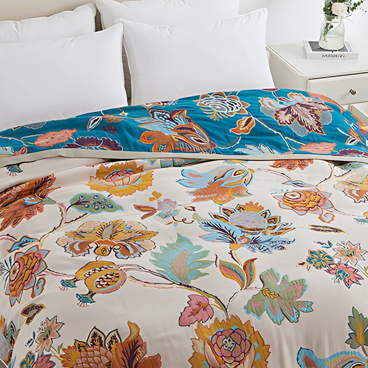 Wildbloom vendbart bomullspledd med blomster