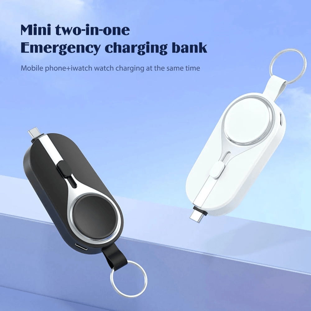 KeyPact Duo 2 - i - 1 Mini Powerbank med Klokkelader – 2000mAh, Type - C & Lightning, Robust med Karabinkrok - NordHjem