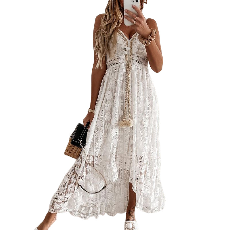 Lace Spaghetti Strap Solid Color Long Dress