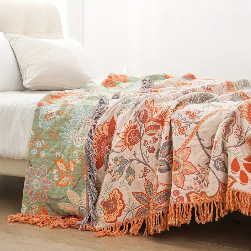 Rustikt boho-pledd med blomster | 100 % bomull