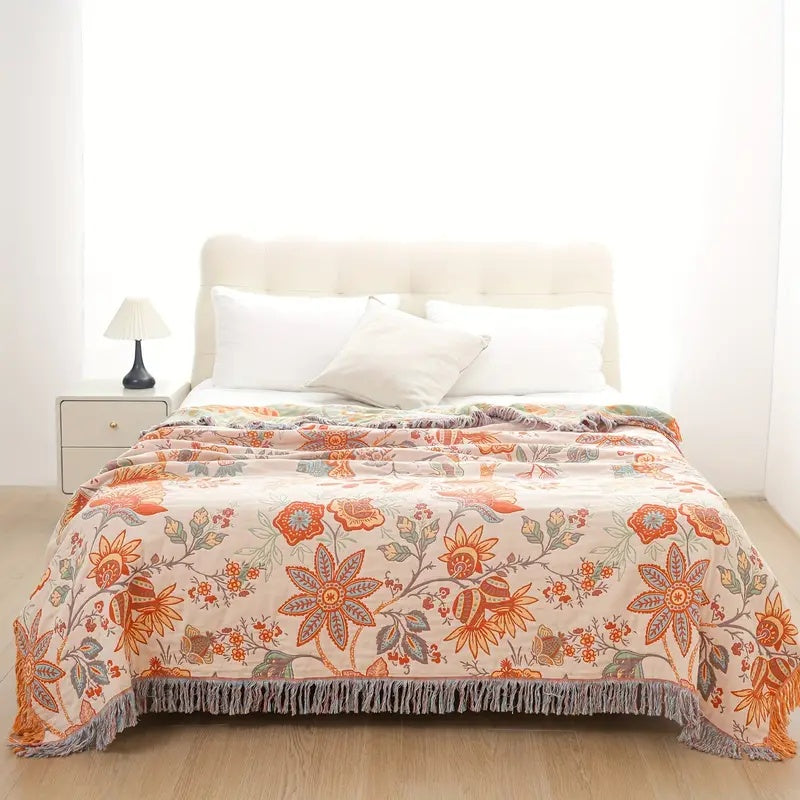 Rustikt boho-pledd med blomster | 100 % bomull