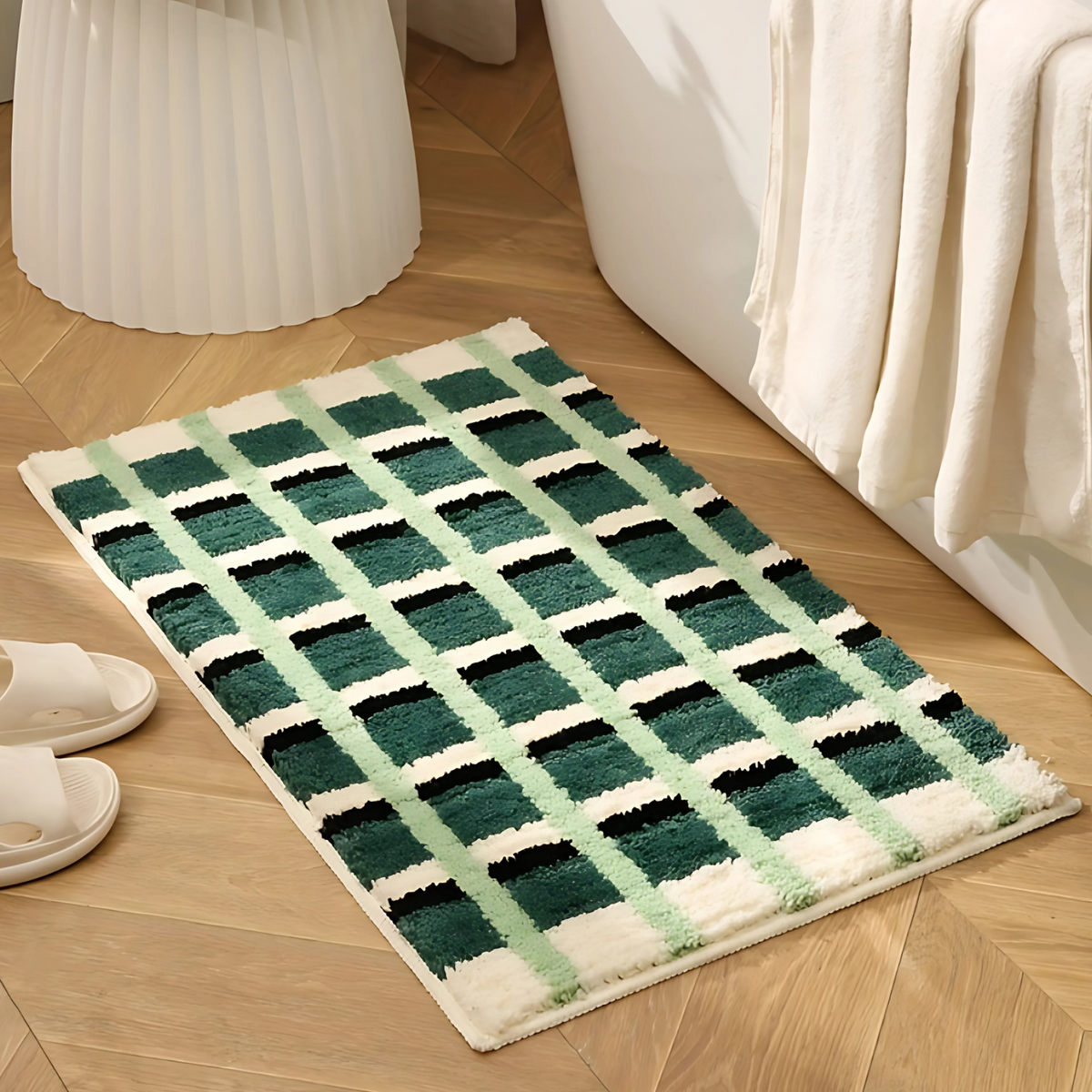 Mosegrønn badematte med geometrisk flokkmønster – 16"x24"