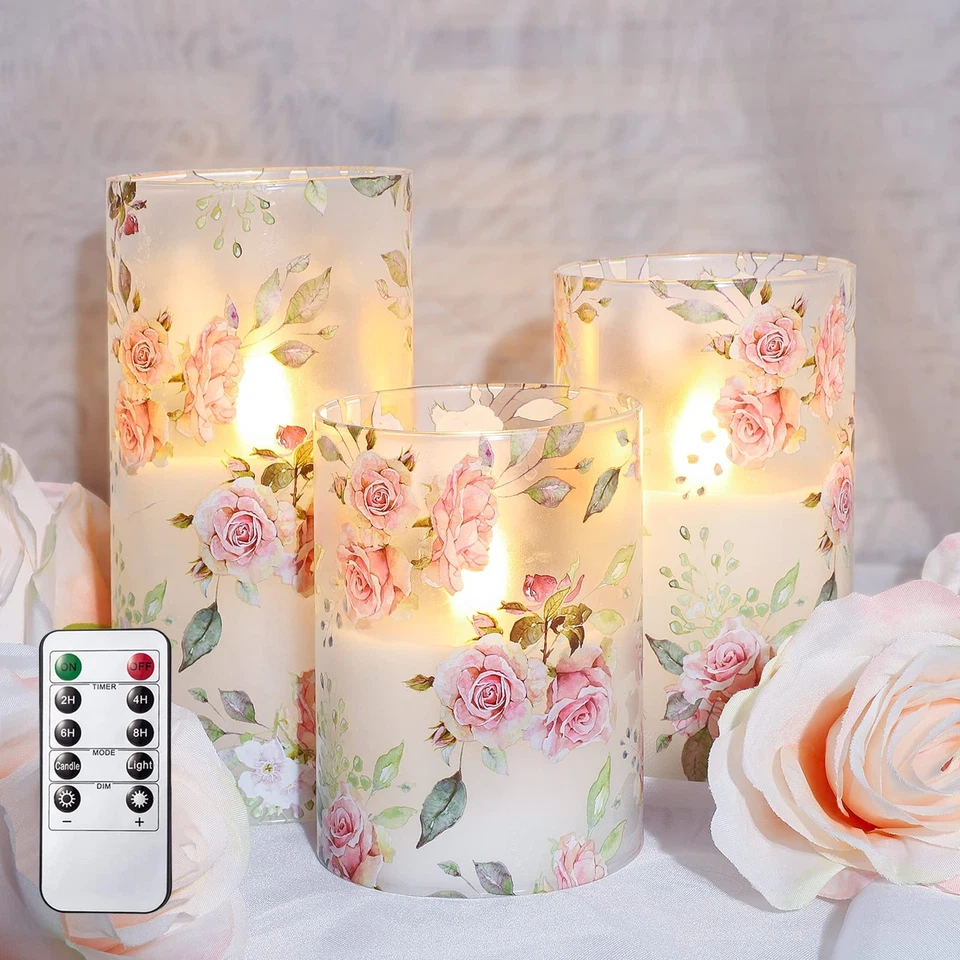 Ledsen™ FloralCandle: Koselig Elegant Glød Delikat Blomstertrykk LED Stearinlys Sett