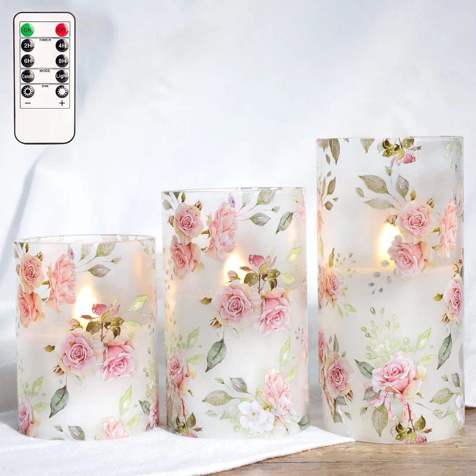 Ledsen™ FloralCandle: Koselig Elegant Glød Delikat Blomstertrykk LED Stearinlys Sett